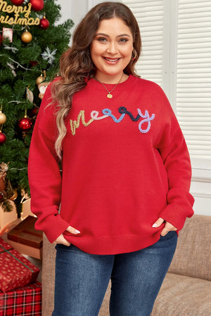 Plus Size MERRY Round Neck Long Sleeve Sweater - Sydney So Sweet