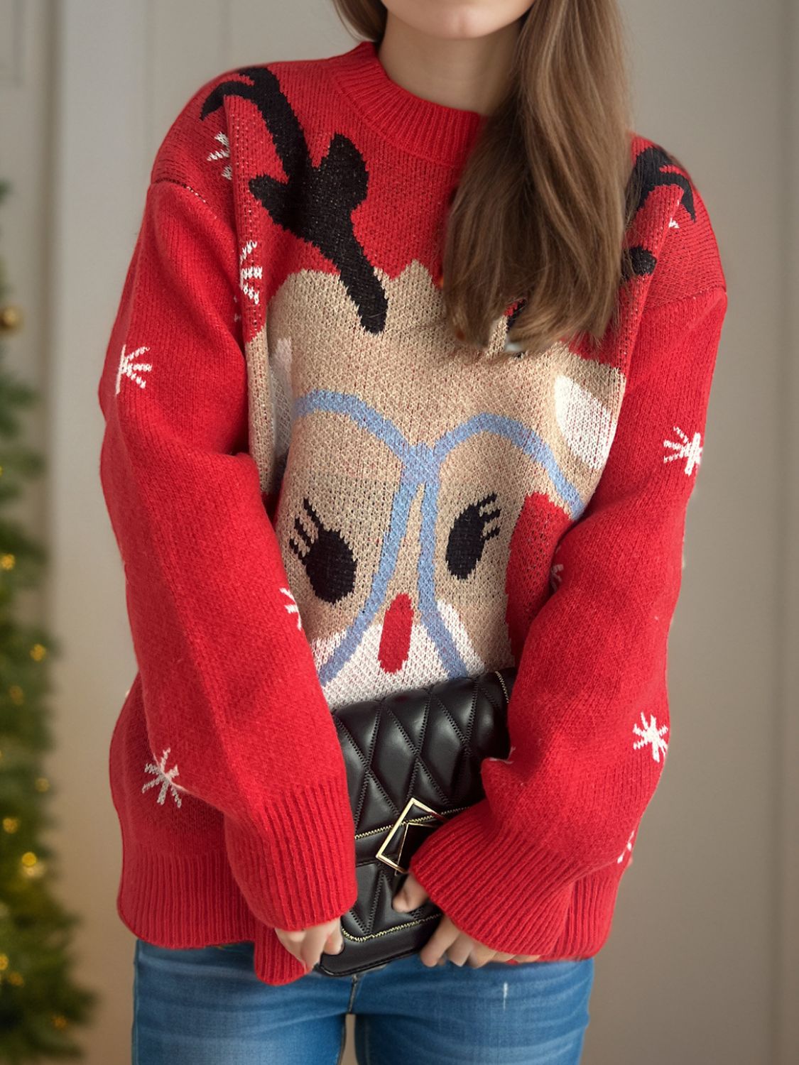 Reindeer Round Neck Dropped Shoulder Sweater - Sydney So Sweet