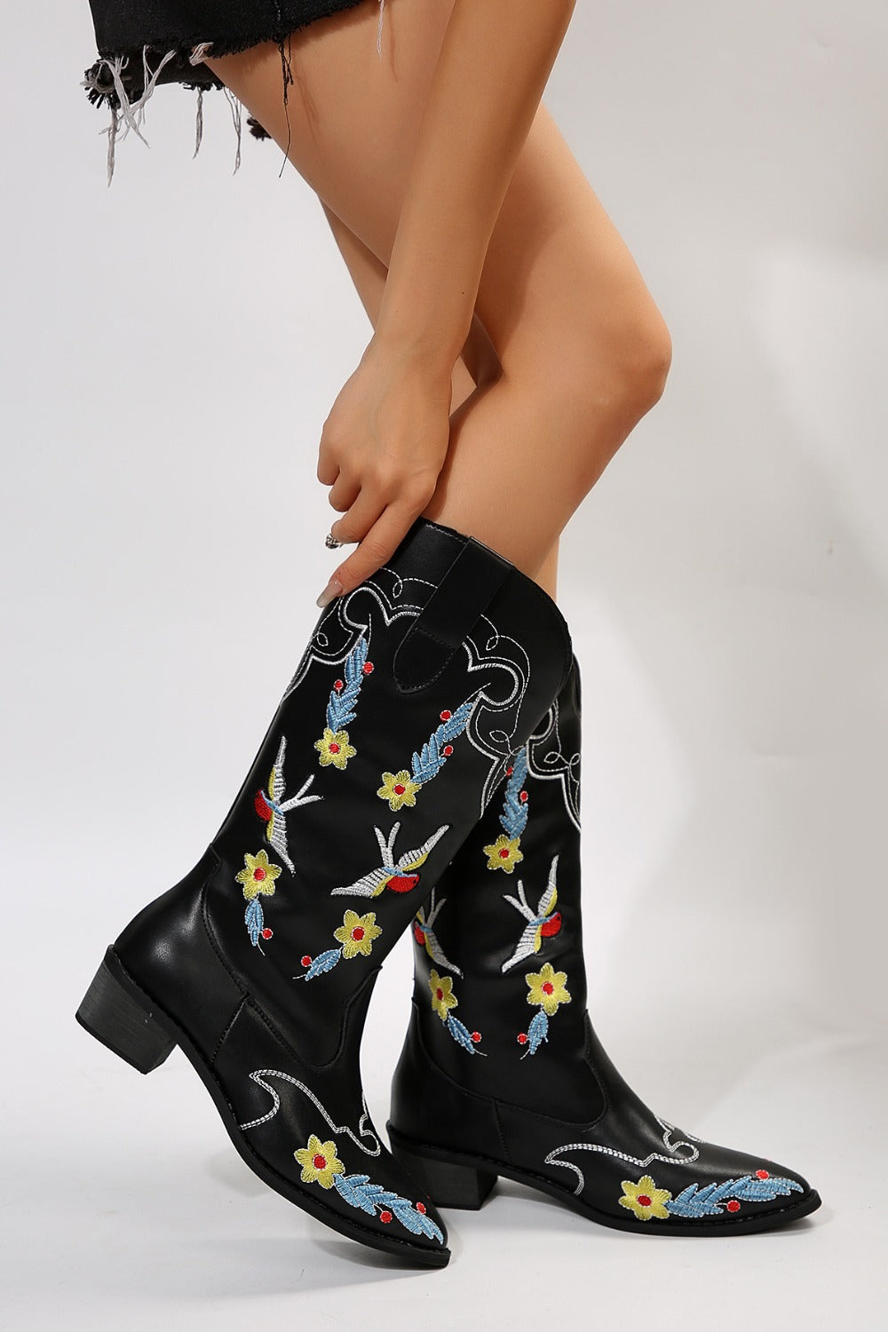 Embroidered Point Toe Block Heel Boots - Sydney So Sweet