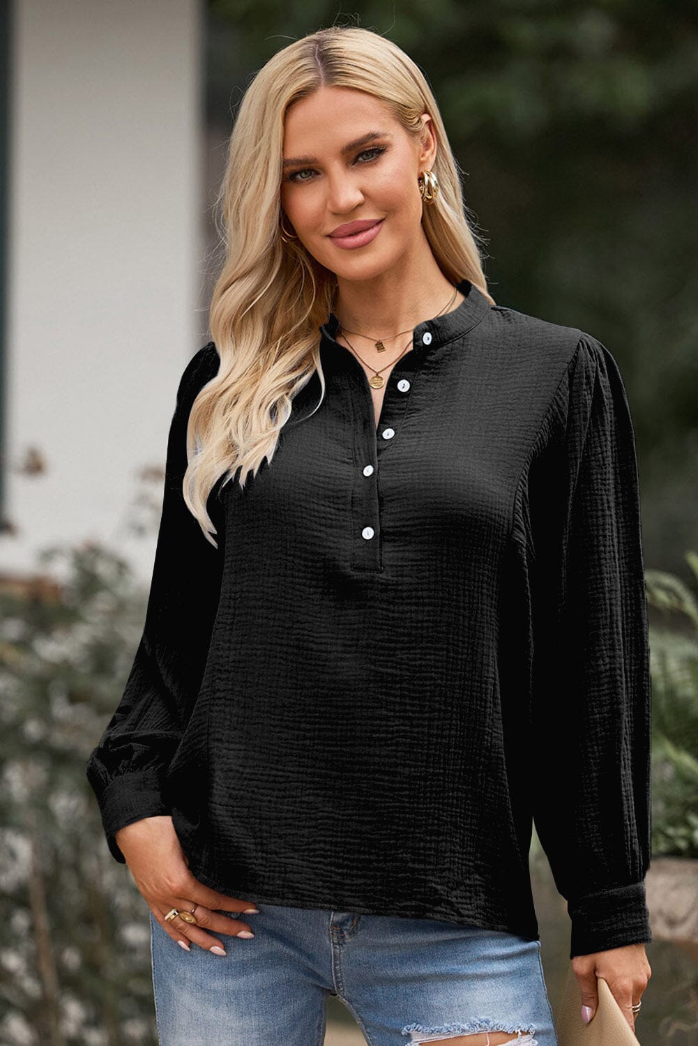 Half Button Puff Sleeve Blouse - Sydney So Sweet