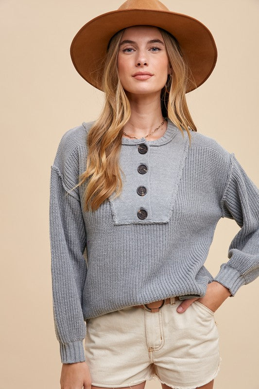 Annie Wear Half Button Ribbed Hem Sweater - Sydney So Sweet