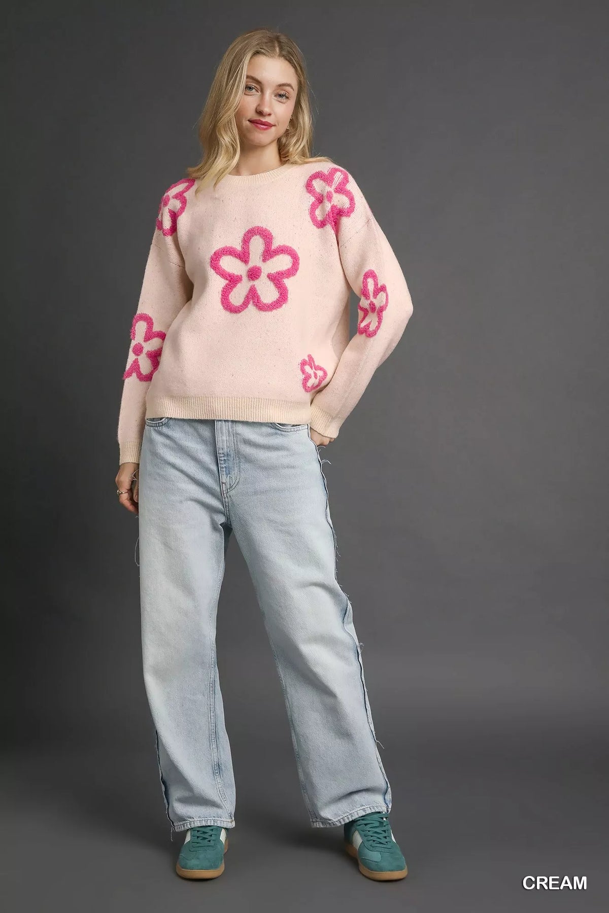 Umgee Round Neck Sweater with Pink Floral Accents - Sydney So Sweet