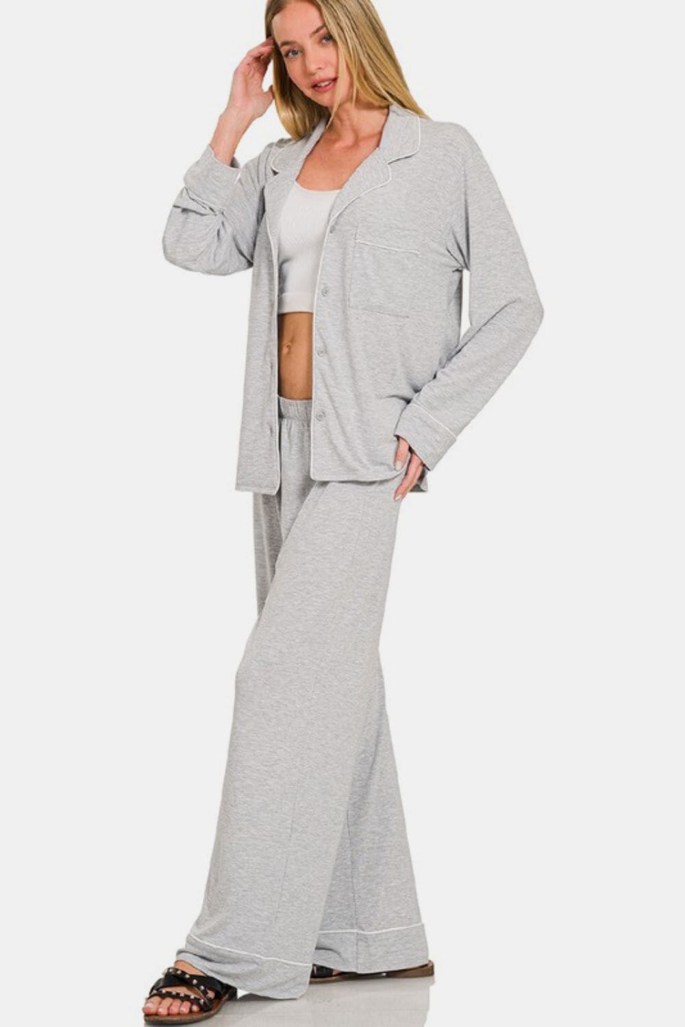 Zenana Button Down Long Sleeve Top and Pants Lounge Set - Sydney So Sweet