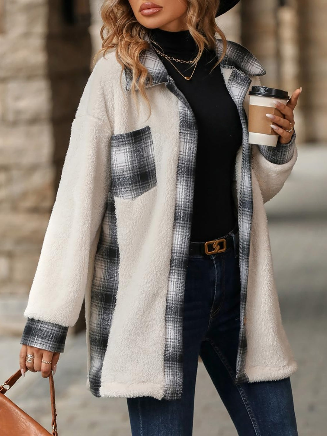 Plaid Button Up Long Sleeve Fuzzy Shacket - Sydney So Sweet