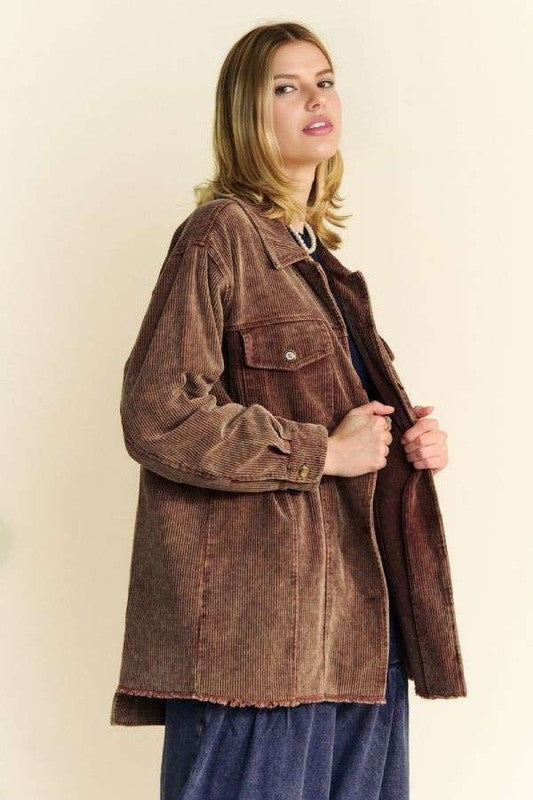 Davi & Dani Washed Corduroy Raw Hem Button Up Jacket - Sydney So Sweet