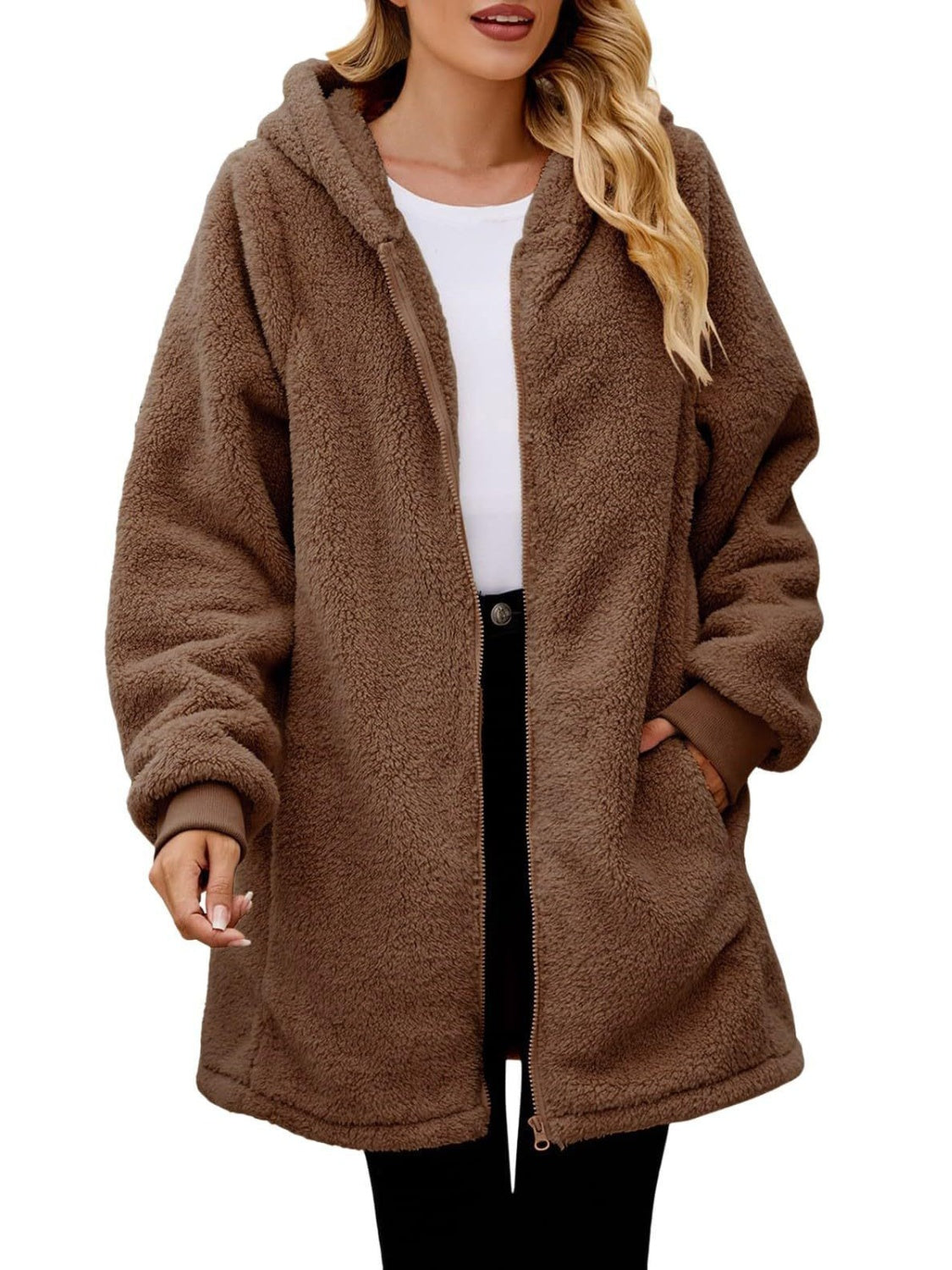 Fuzzy Pocketed Zip Up Long Sleeve Hooded Jacket - Sydney So Sweet