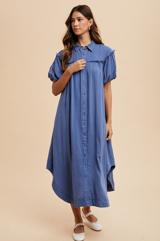 Annie Wear Mineral Washed Button Down Puff Sleeve Shirt Dress - Sydney So Sweet