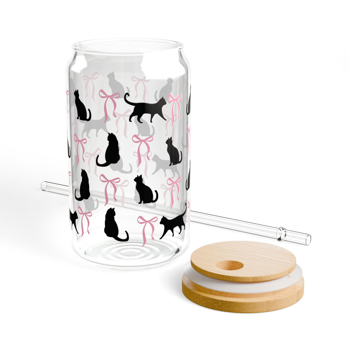 Kitty Coquette Bow Halloween Sipper Glass 16oz Reusable Drink Jar with Lid & Straw