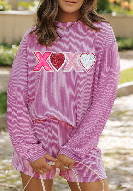 Valentine’s Day XOXO Heart Sequin Corded Long Sleeve Top and Shorts Set - Sydney So Sweet