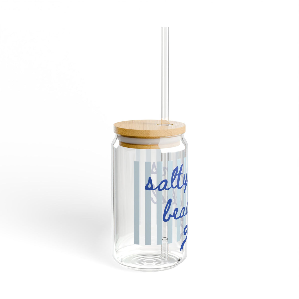 Salty Mama Beach Club Blue Stripe Sipper Glass 16oz Reusable Drink Jar with Lid & Straw