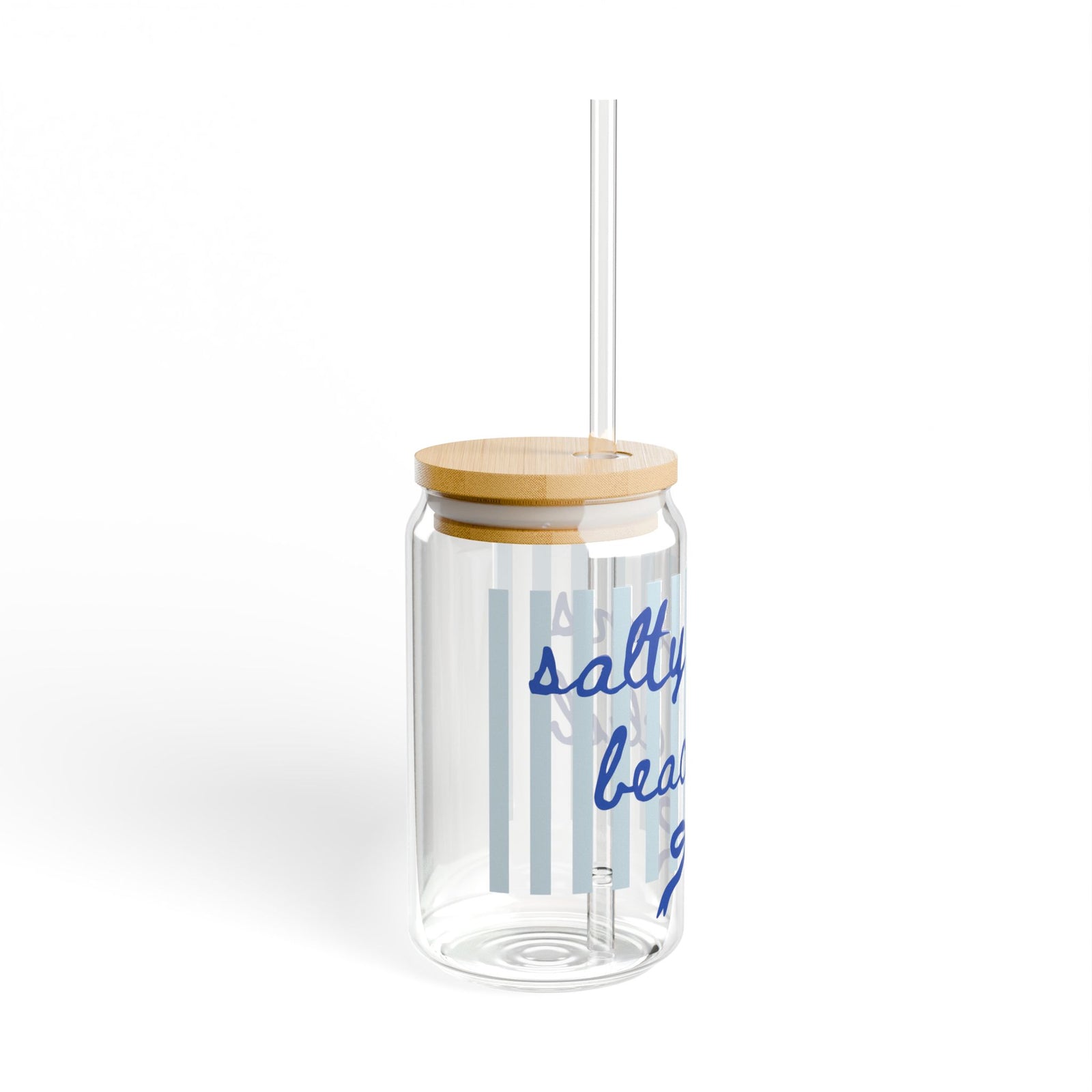 Salty Mama Beach Club Blue Stripe Sipper Glass 16oz Reusable Drink Jar with Lid & Straw