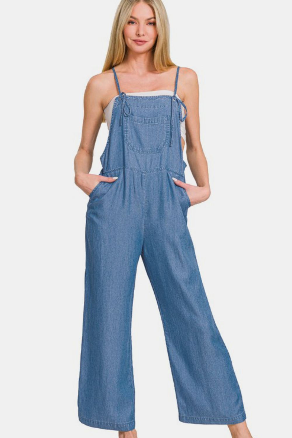 Zenana Washed Adjustable Strap Wide Leg Denim Overalls - Sydney So Sweet