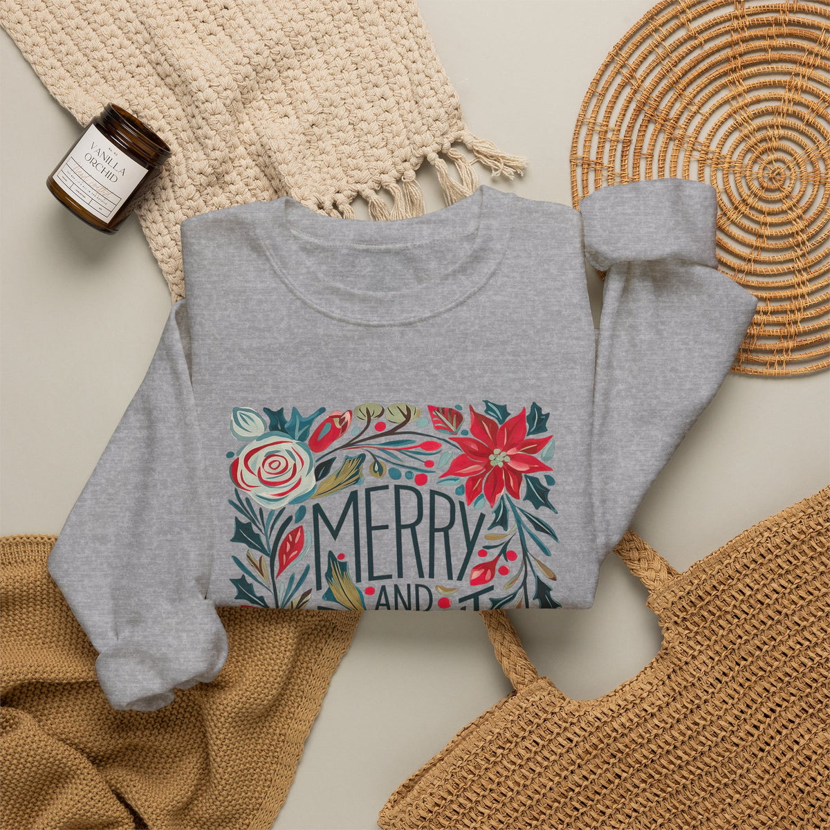Merry & Bright Christmas Florals Crewneck Unisex Sweatshirt