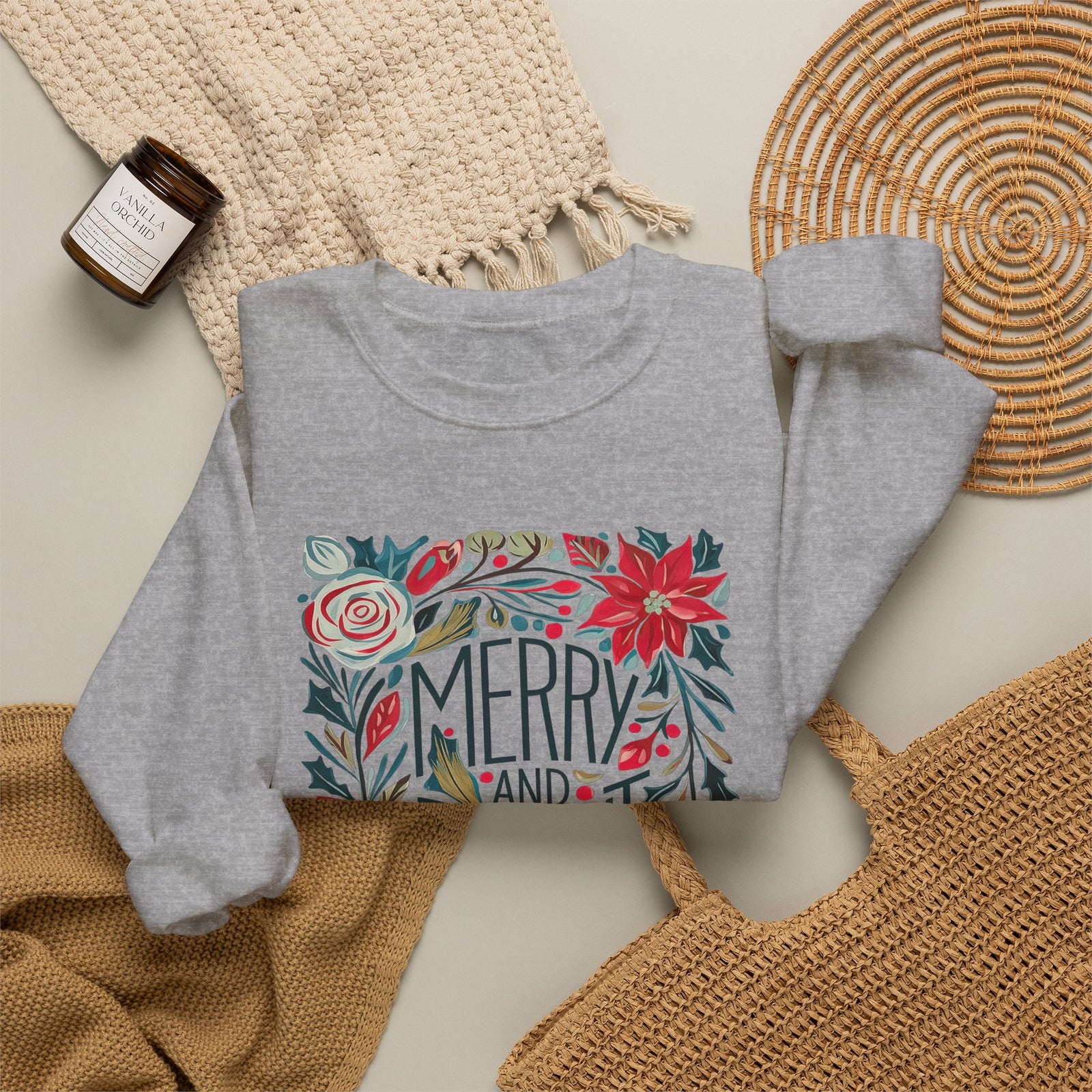 Merry & Bright Christmas Florals Crewneck Unisex Sweatshirt