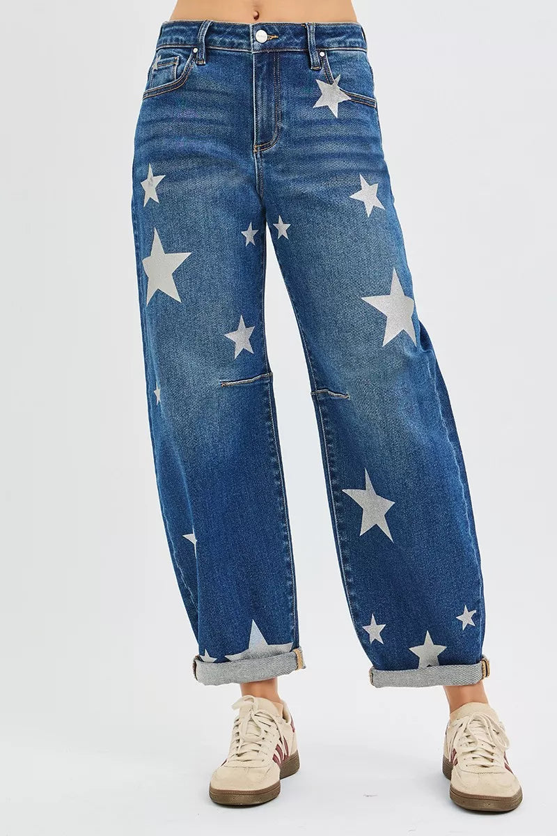 RISEN Mid Rise Ankle Length Relaxed Barrel Star Printed Jeans - Sydney So Sweet