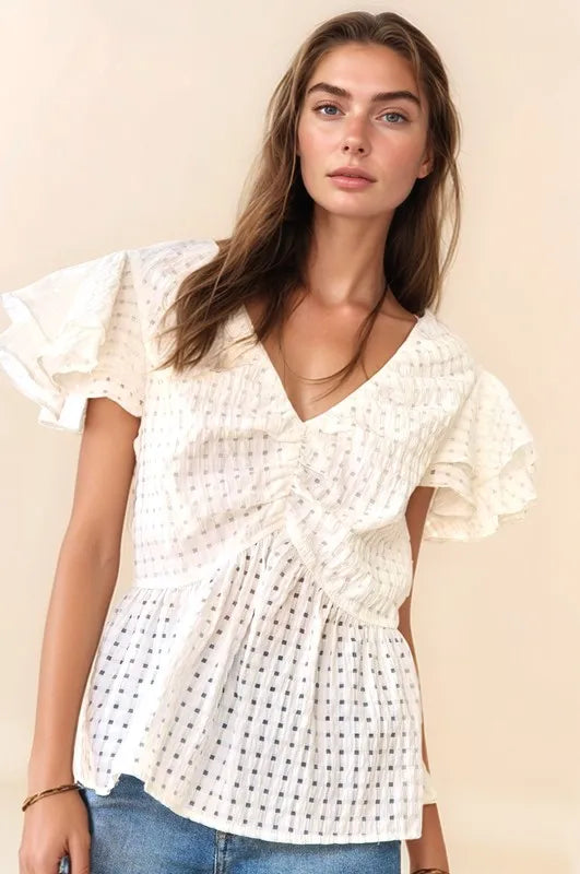 Davi & Dani Shirring V-Neck Ruffle Gingham Plaid Printed Top - Sydney So Sweet