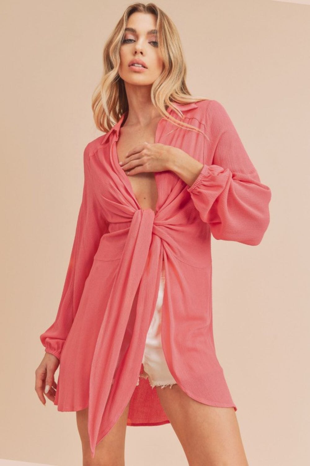 Aemi + Co Tied Collared Neck Long Sleeve Top - Sydney So Sweet