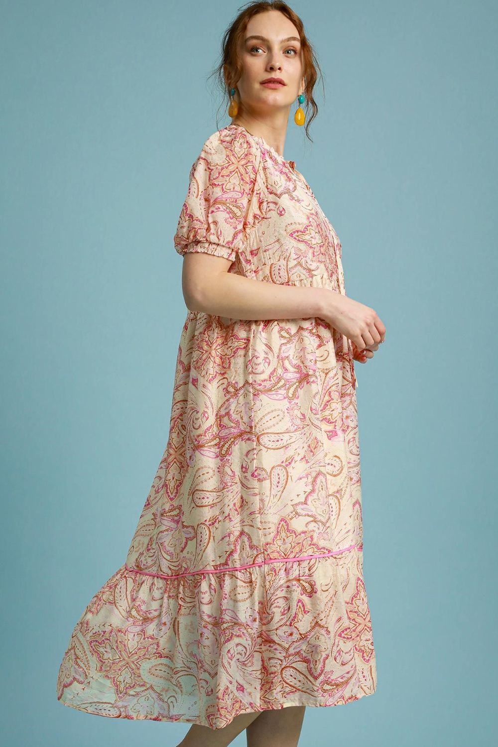 Umgee Full Size Printed Puff Short Sleeve Midi Dress Plus Size - Sydney So Sweet