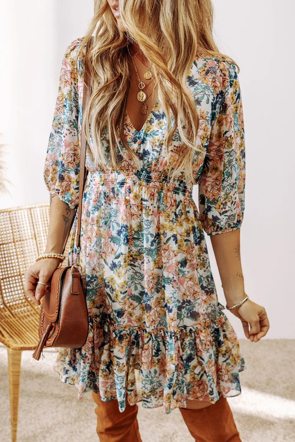 Printed V-Neck Half Sleeve Dress - Sydney So Sweet