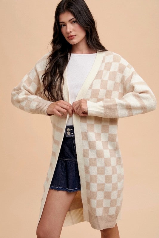 Annie Wear Checkered & Striped Open Front Long Sleeve Cardigan - Sydney So Sweet