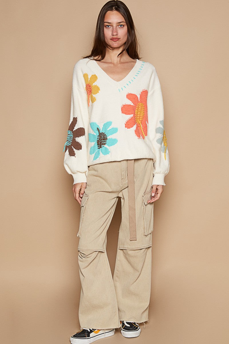 POL V-Neck Long Sleeve Flower Fringe Sweater - Sydney So Sweet