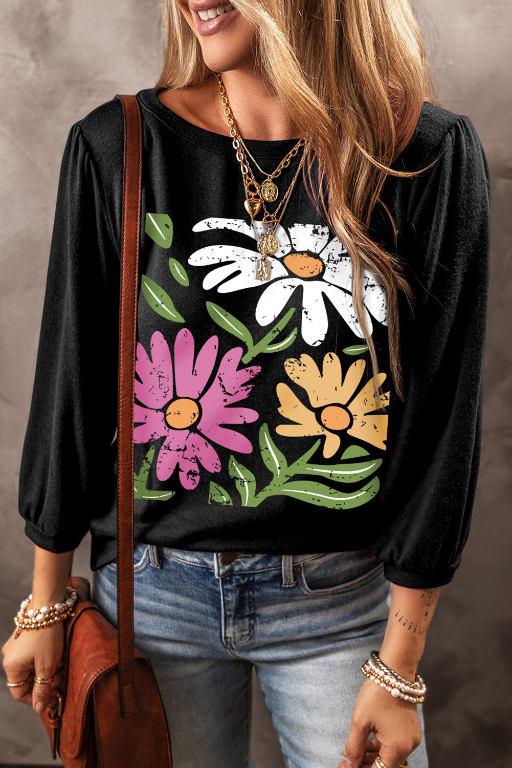 Flower Graphic Round Neck Long Sleeve Top - Sydney So Sweet