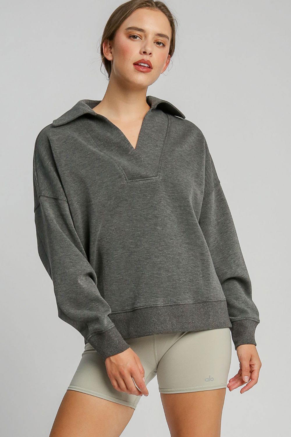 Umgee Johnny Collar Dropped Shoulder Sweatshirt - Sydney So Sweet