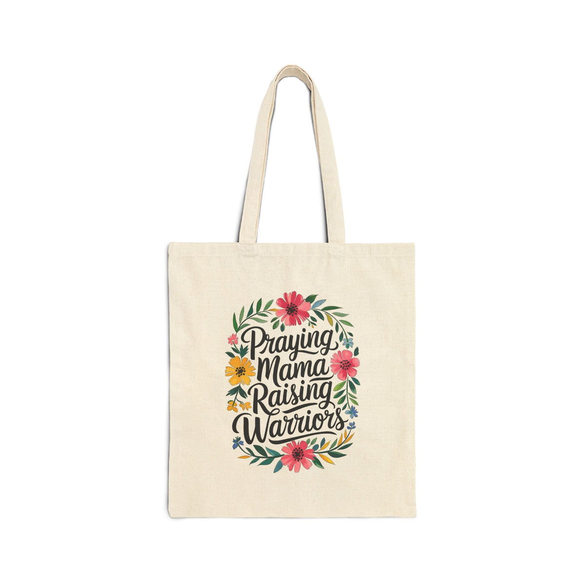 Praying Mama Raising Warriors Tote Bag Floral Inspirational Cotton Canvas Shopper