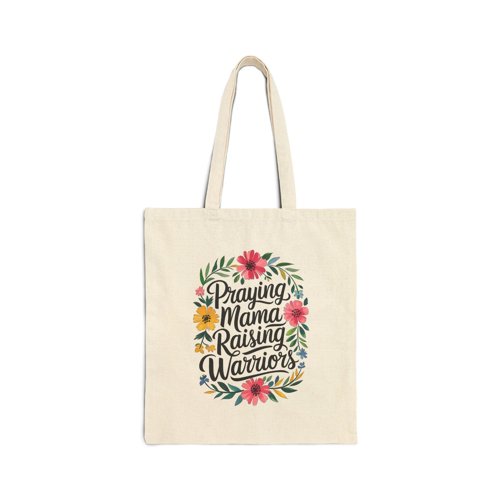 Praying Mama Raising Warriors Tote Bag Floral Inspirational Cotton Canvas Shopper