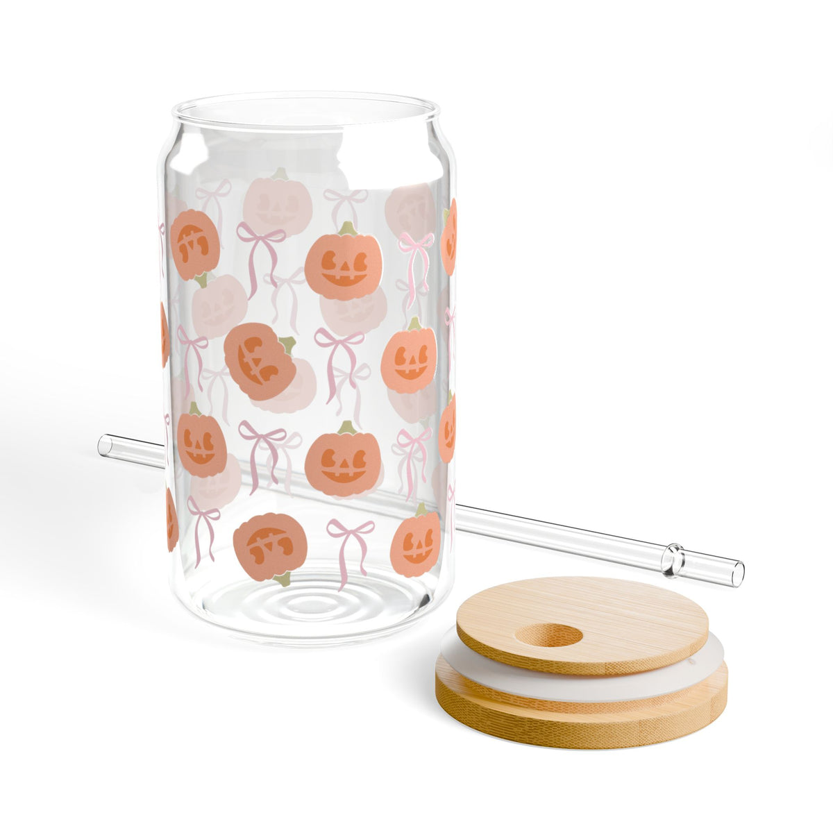 Pumpkin Smiles & Bows Halloween Sipper Glass 16oz Reusable Drink Jar with Lid & Straw