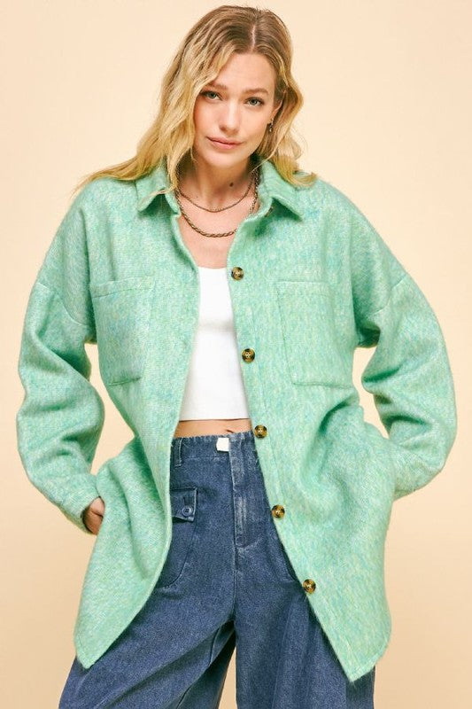 Davi & Dani Curved Hem Heathered Dropped Shoulder Shacket - Sydney So Sweet