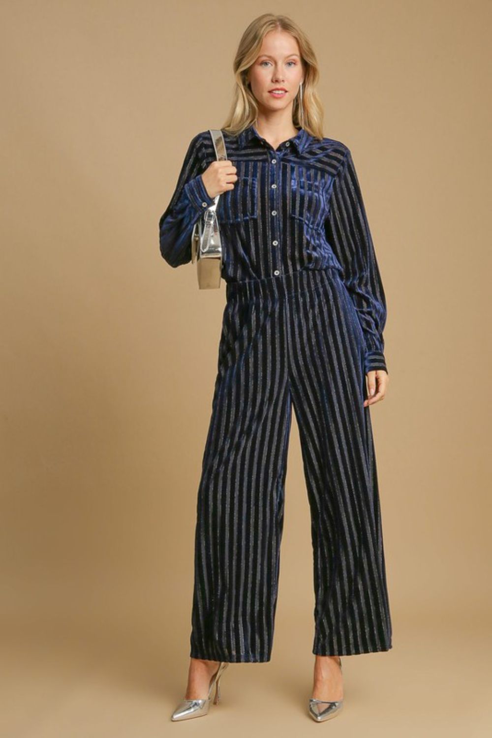 Umgee Full Size Elastic Waist Striped Wide Leg Velvet Pants - Sydney So Sweet