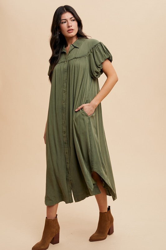 Annie Wear Mineral Washed Button Down Puff Sleeve Shirt Dress - Sydney So Sweet