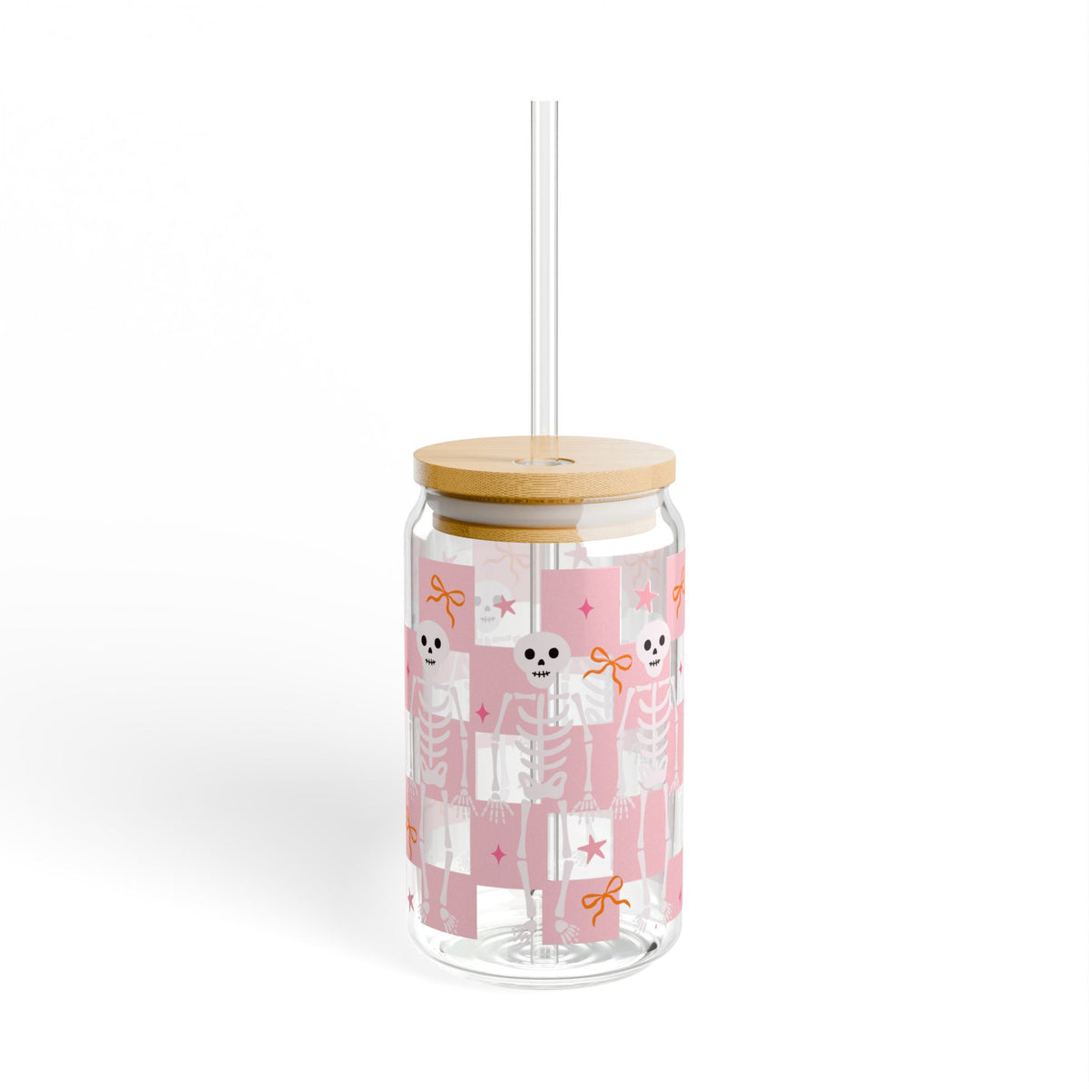 Pink Checker Skeleton & Bow Halloween Sipper Glass 16oz Reusable Drink Jar with Lid & Straw