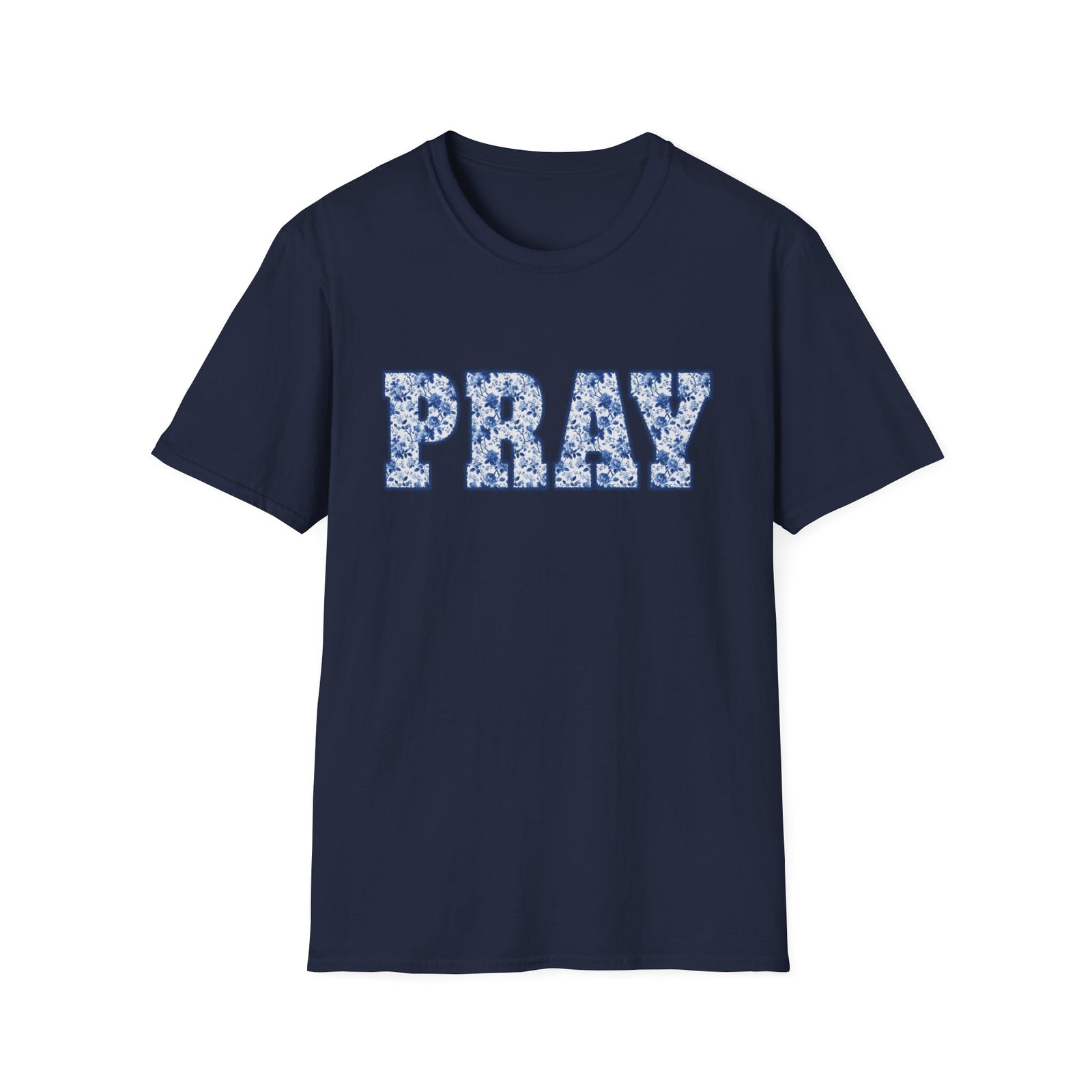 Pray Floral T-Shirt Blue Flower Lettering Christian Tee