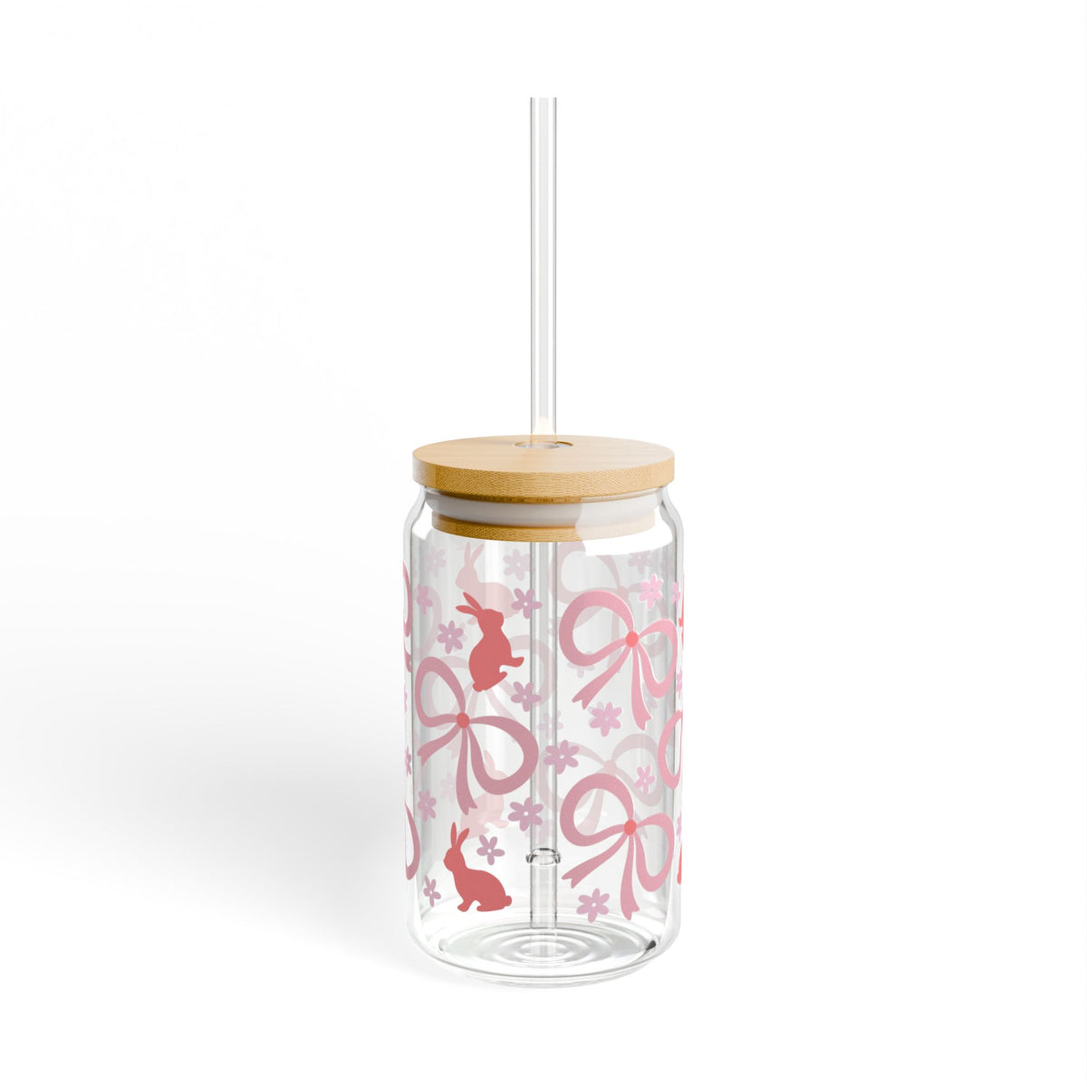 Pink Bunny Bows Tumbler Sipper Glass 16oz — Reusable Drink Jar with Lid & Straw