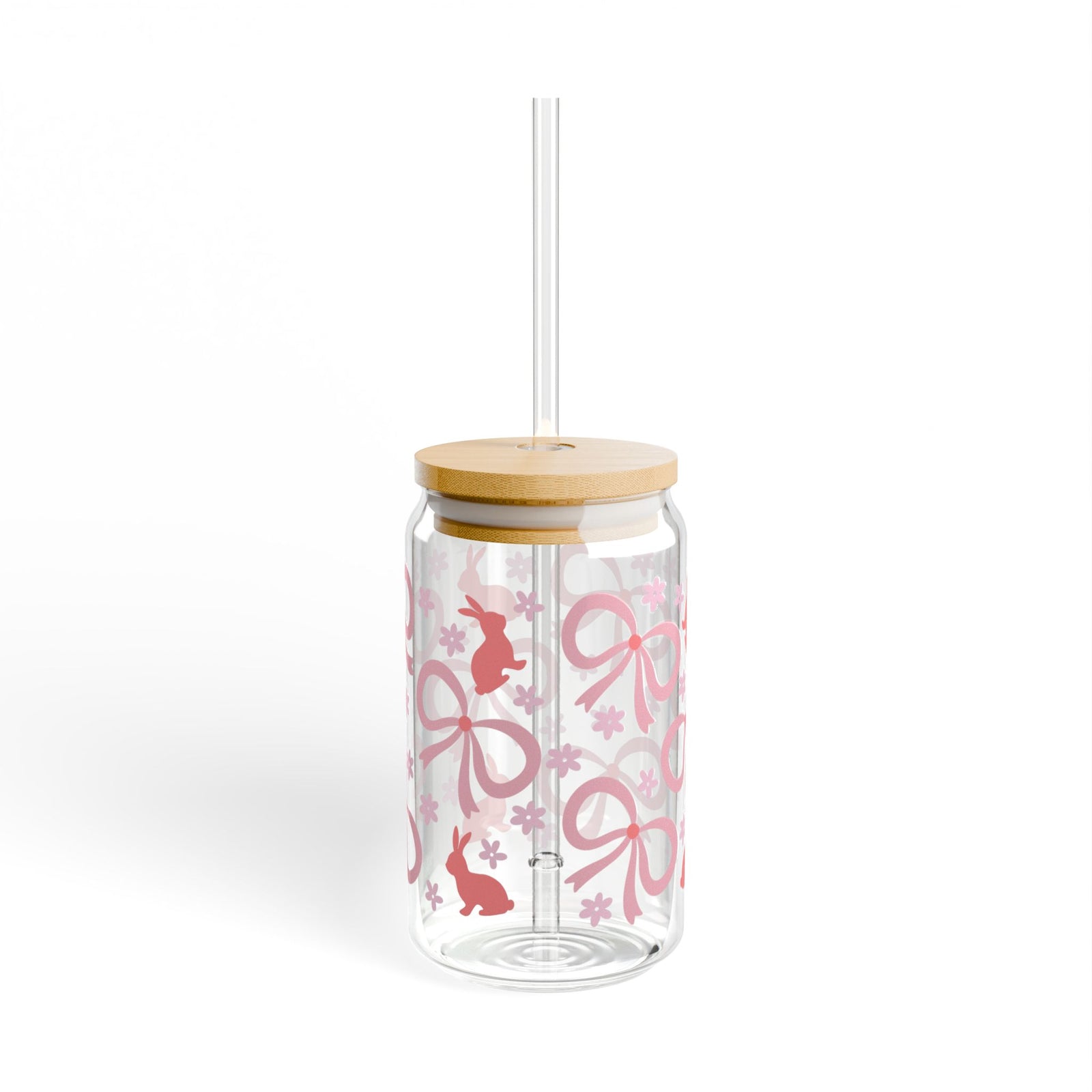 Pink Bunny Bows Tumbler Sipper Glass 16oz — Reusable Drink Jar with Lid & Straw