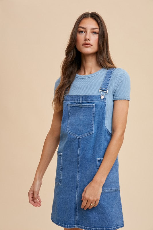 Annie Wear Wide Strap Denim Overall Dress with Pockets - Sydney So Sweet