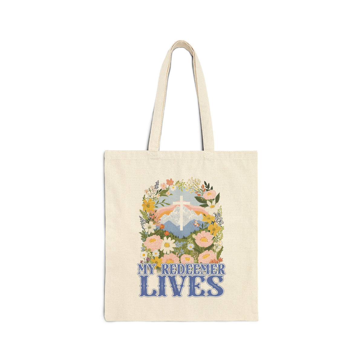 My Redeemer Lives Floral Cross Christian Cotton Canvas Tote Bag