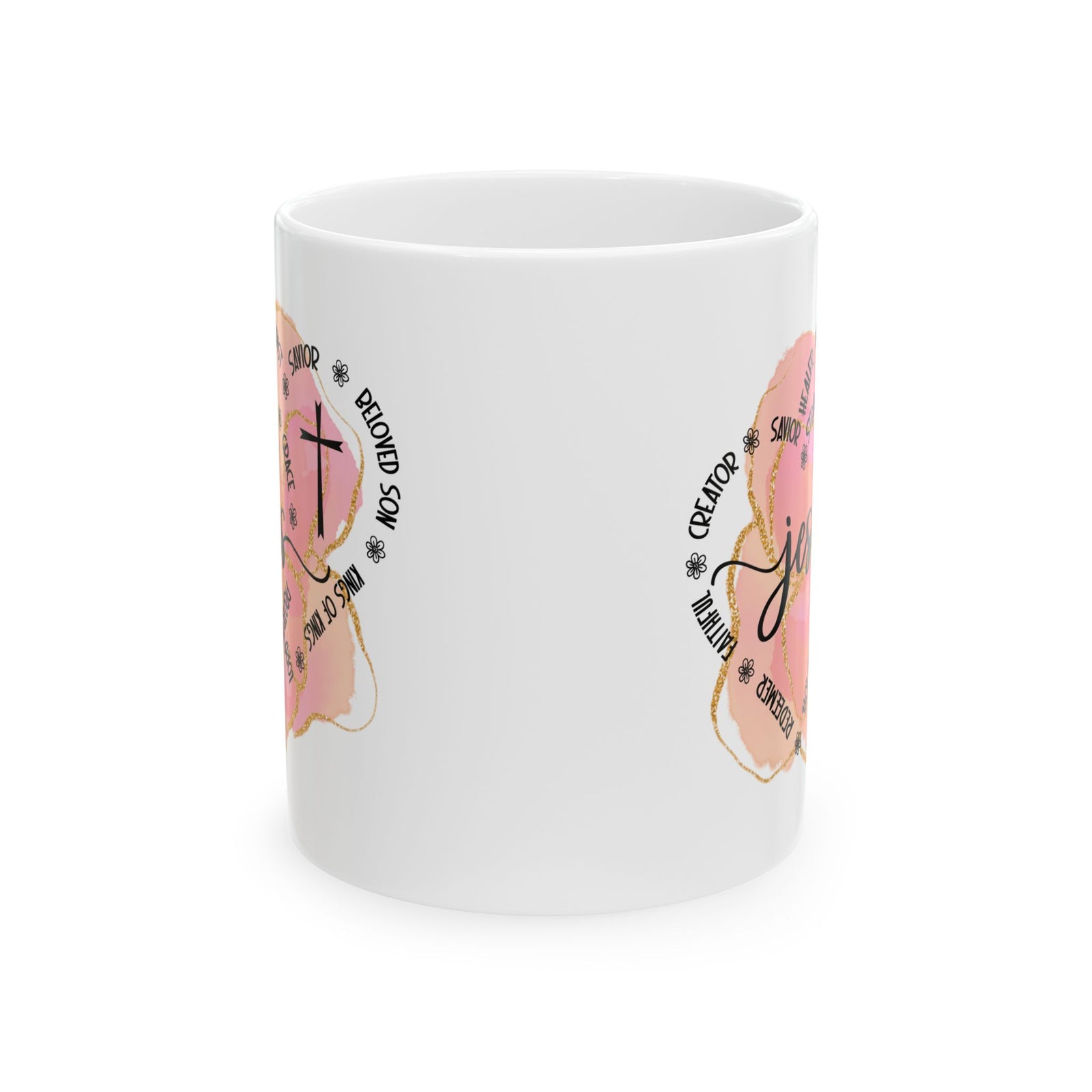 Jesus Strength & Grace Ceramic Mug — Pink Watercolor Cross Inspirational Coffee Cup (11oz/15oz) - Sydney So Sweet