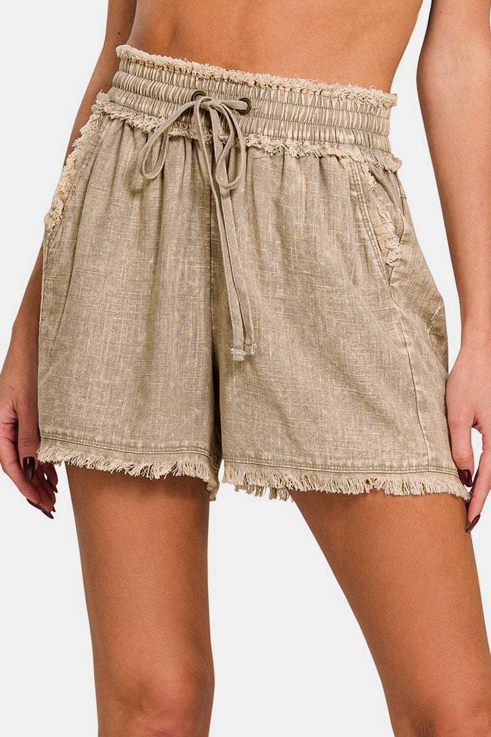 Zenana Washed Linen Frayed Hem Drawstring Shorts - Sydney So Sweet