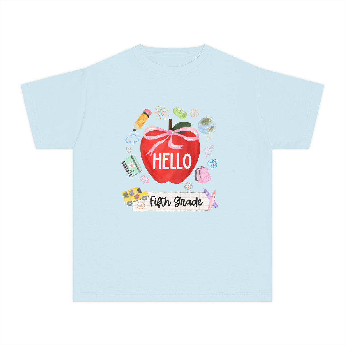 Hello Fifth Grade Preppy Coquette Apple Graphic Tee Back to School 5th Grade T-Shirt