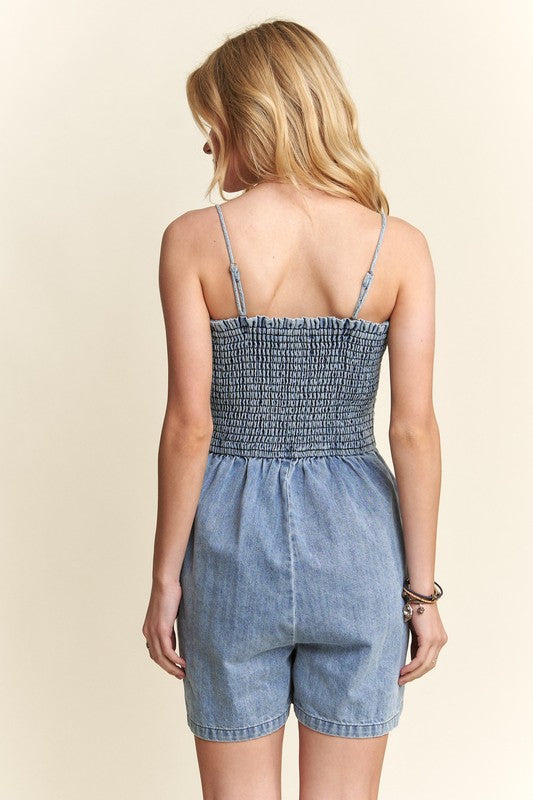 ADORA Smocked Spaghetti Strap Denim Romper - Sydney So Sweet