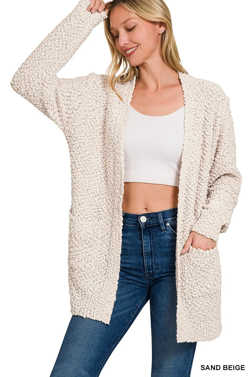 Zenana Long Sleeve Popcorn Sweater Cardigan with Pockets - Sydney So Sweet