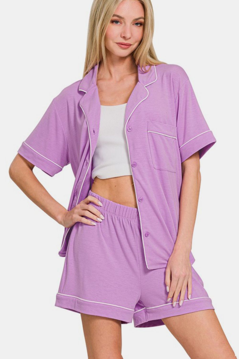 Zenana Button Down Short Sleeve Top and Shorts Lounge Set - Sydney So Sweet