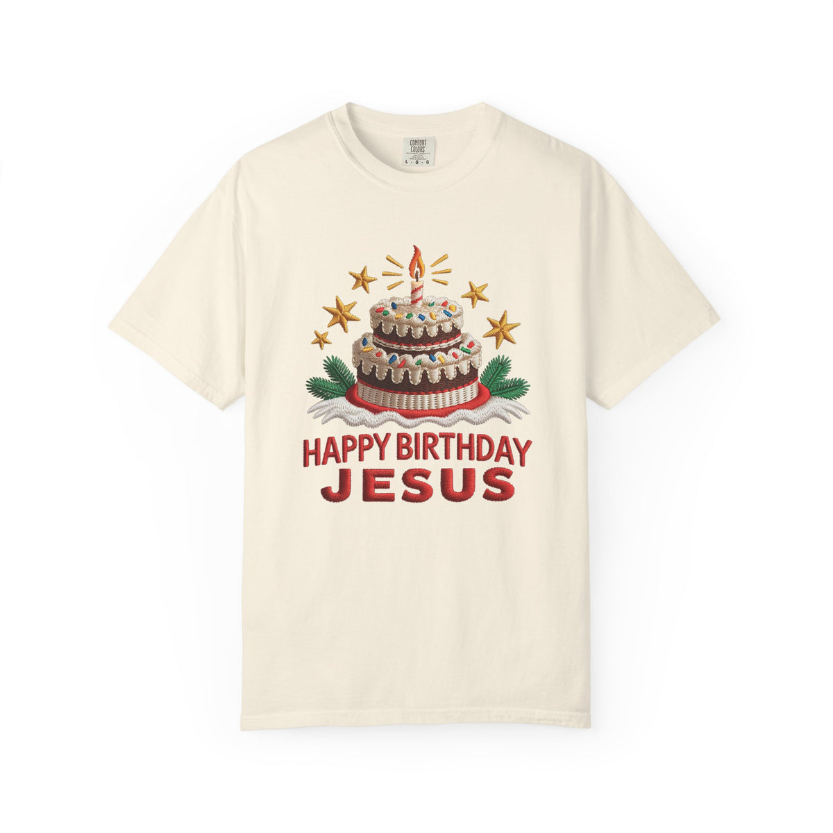 Happy Birthday Jesus Birthday Cake Faux Embroidery Tee Christmas Graphic T-Shirt