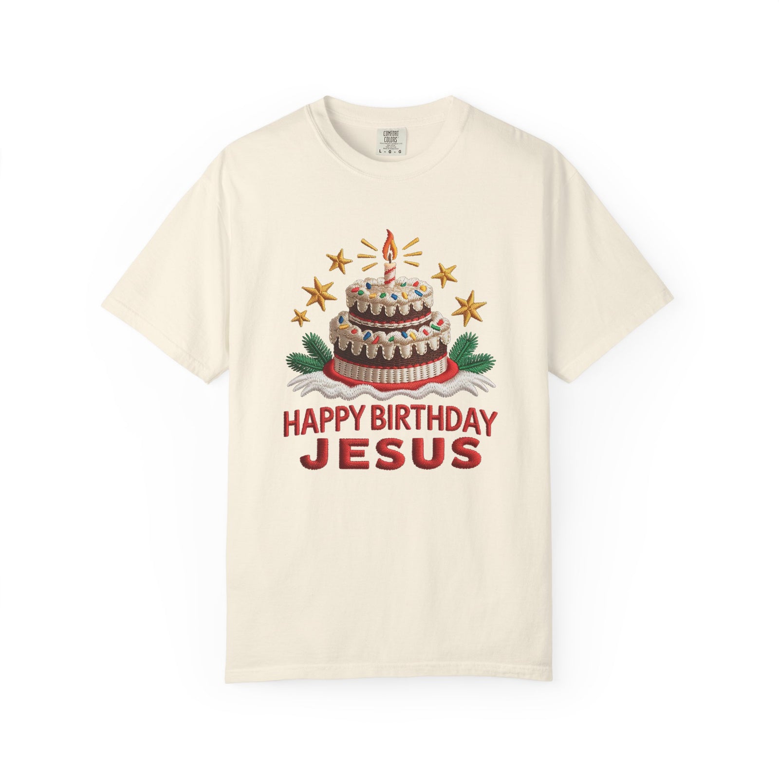 Happy Birthday Jesus Birthday Cake Faux Embroidery Tee Christmas Graphic T-Shirt