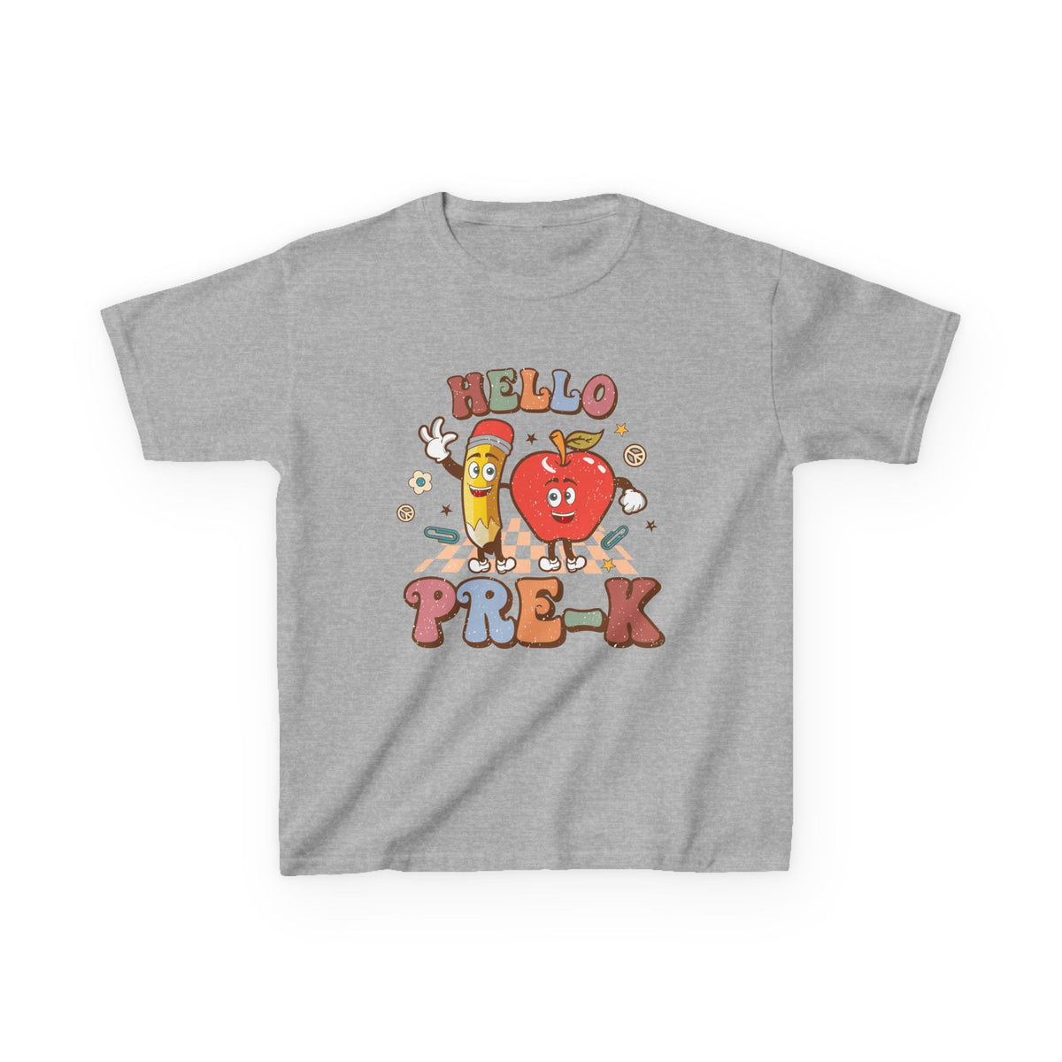 Hello Pre-K Grade Cute Apple & Pencil Graphic Tee Back-to-School Preschool Kids T-Shirt