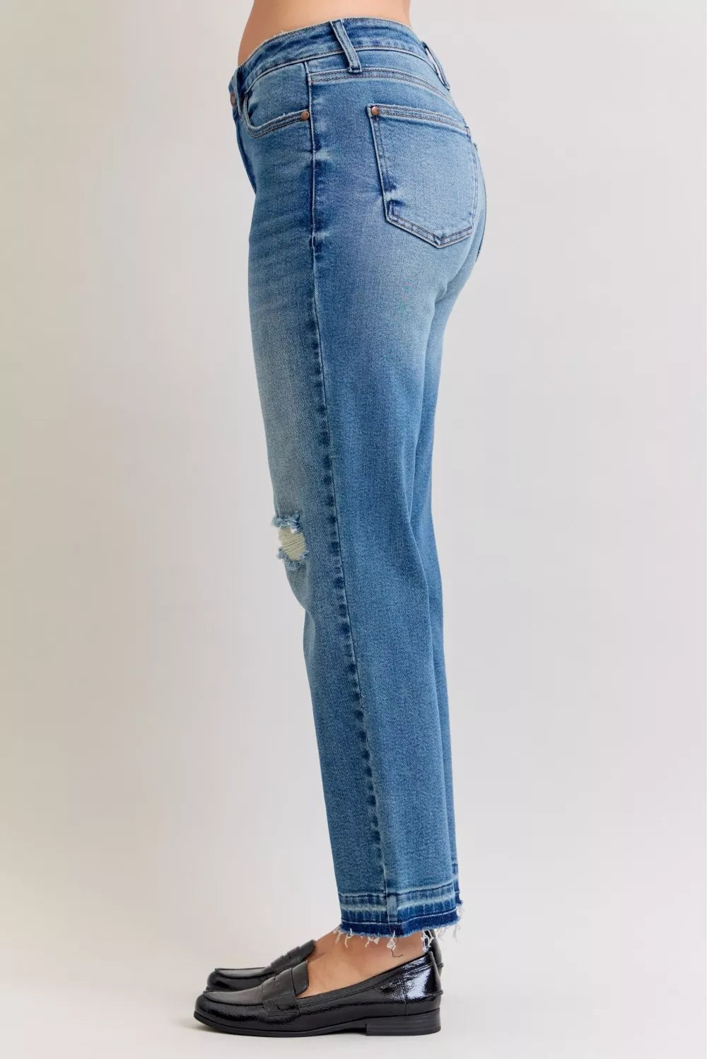 Judy Blue Full Size Mid Rise Bf Patch & Repair Destroy Release Hem Jeans Plus Size - Sydney So Sweet
