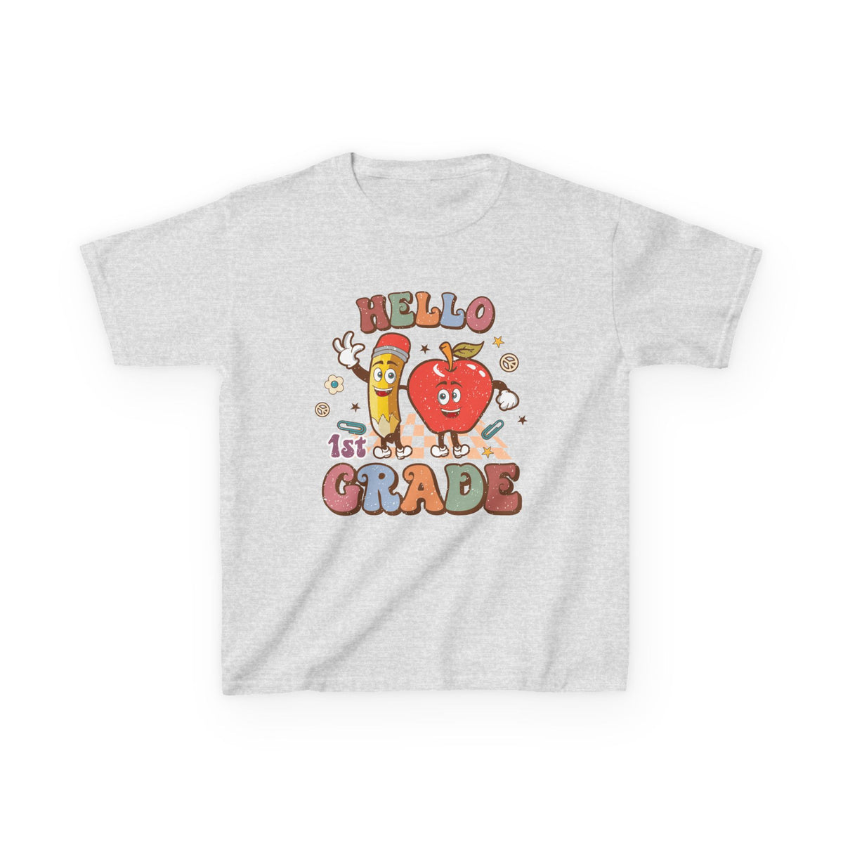 Hello 1st Grade Cute Apple & Pencil Graphic Tee Back-to-School First Grade Kids T-Shirt